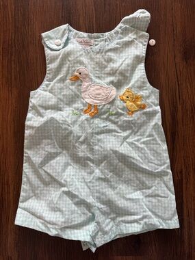 Light Mint Gingham Petit Ami Romper with Duck Appliqué - 18 months